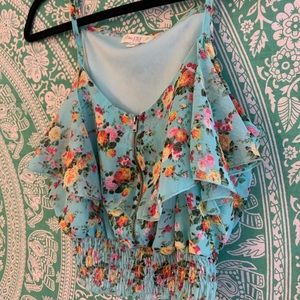 Floral, blue, ruched tank top